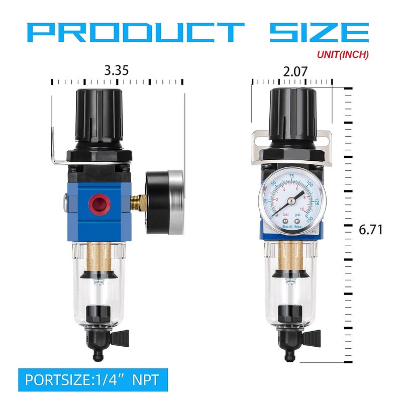 NANPU 1/4" NPT Compressed Air Filter Regulator Combo Piggyback, 5 Micron Brass Element, Poly Bowl, Manual Drain, Metal Bracket, 0-150 psi Gauge - AW2000-02M - Image 3